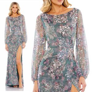 Mac Duggal  Gray Embellished Illusion Long Sleeve Faux Wrap Gown NWT sz